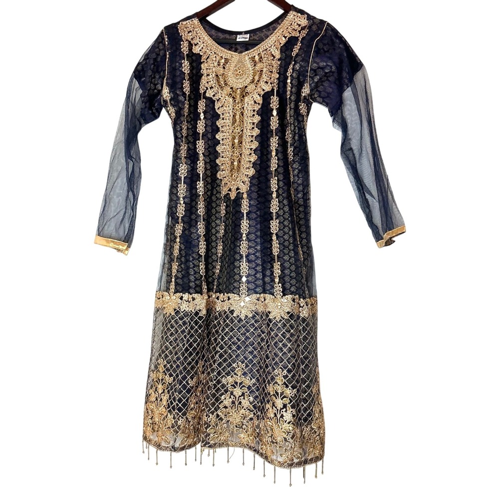 Kids Formal Navy Blue & Gold Embroidered‎ Dress Girls Party Occasion
